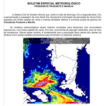 Defesa Civil alerta para a possibilidade de temporais em Presidente Prudente e Marília